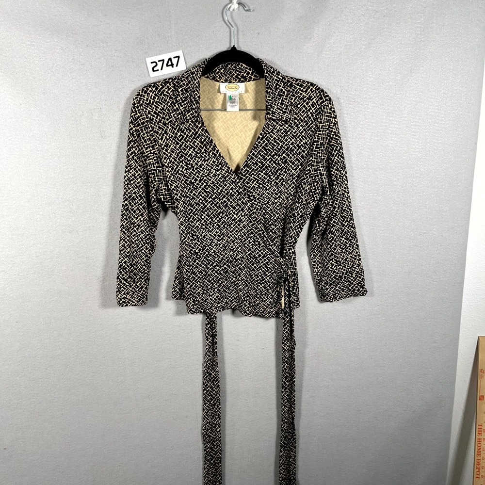Talbots Wrap Blouse Top Womens Medium Multicolor Geometric Print Lined Belted